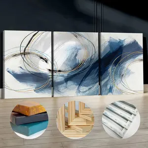 3Pcs Wooden Framed Canvas Painting, Abstract Blue And Gold Circles Brushstrokes, Exquisite Poster, Home Decoration, Pattern Wall Art Decor, For Living Room, Bedroom, Office, Restaurant, Bar Wall Decor, Waterproof, Odorless, Painting, Print Artwork.
