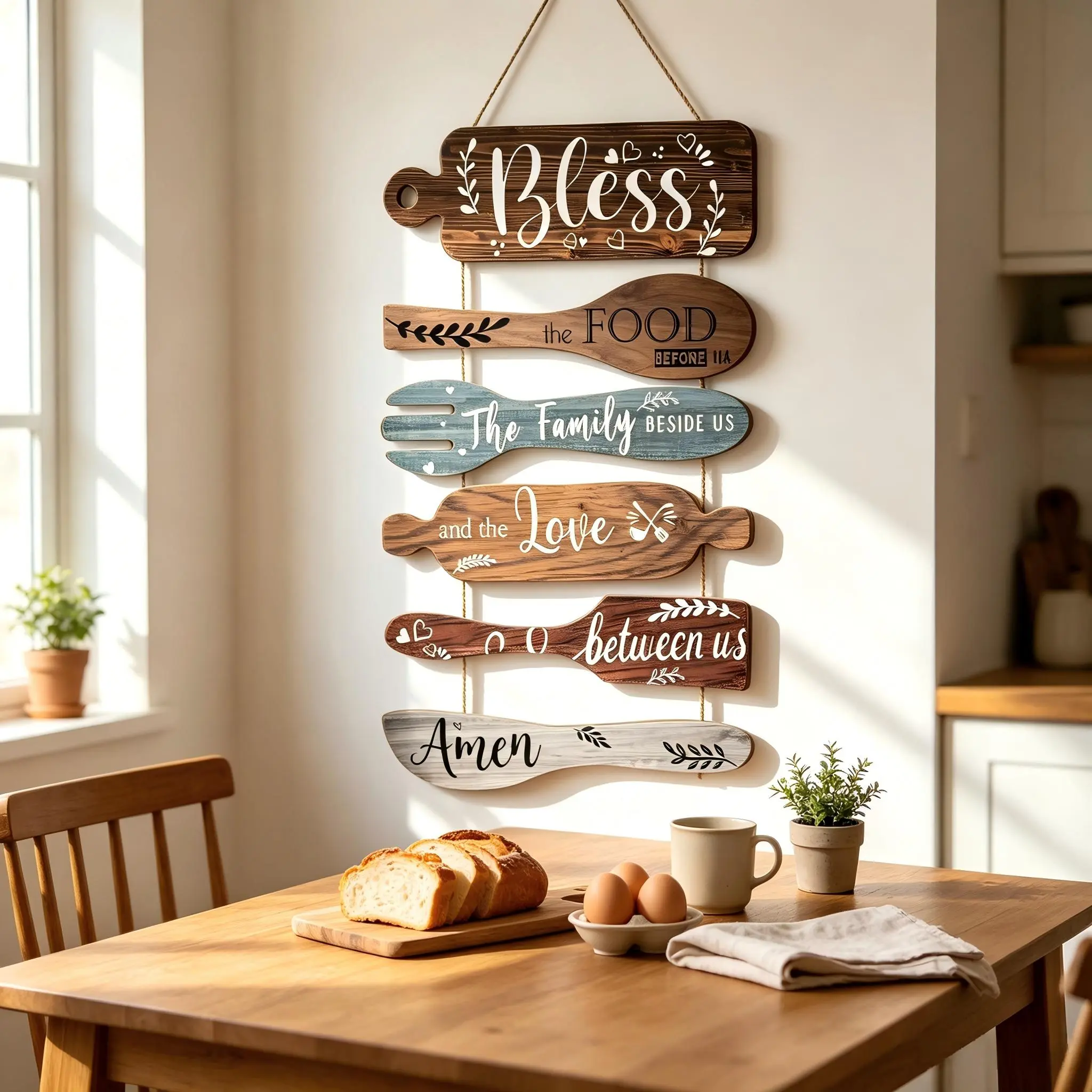 Unisex 6-Pcs Lightweight Rustic Hangable Wooden Cookware-Shaped Sign Set, House Decor Kitchen Accessories, 30x20cm All Seasons Auspicious Gift for Farmhouse Kitchen Wall/Door Interior Decoration