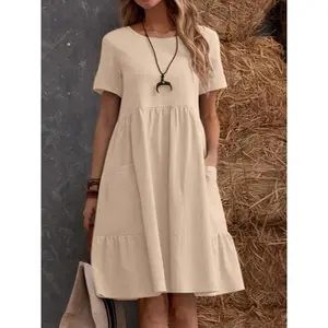 2026 Summer Vintage Loose Cotton Linen Dress for Women, Casual Solid Color Crew Neck Midi Dress with Pockets, Breathable Boho Beach Sundress for Vacation, Daily Wear & Street Style
