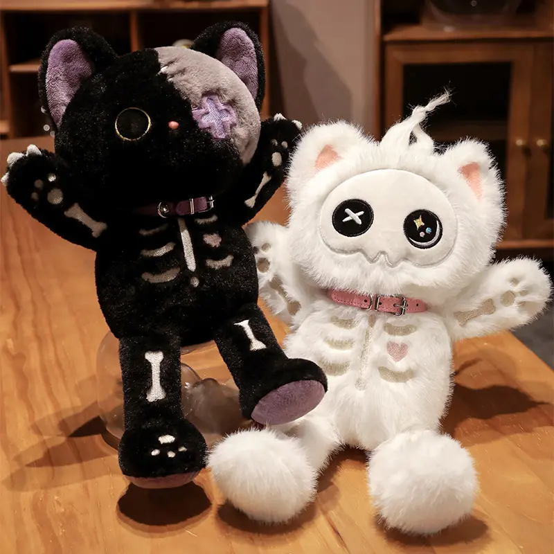 Halloween Skeleton Cat Plush Toy,Creepy Goth Black Kitten Stuffed Crazy Kitty Dolls,Dreadful Kitty Cat Plushie Kitten Gifts,Cuddly Soft Stuffed Animal,Huggable Stuffed Animal