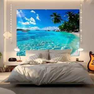 Ocean Beach Tapestry, Blue Sea Tapestry, Tropic Ocean Wall Tapestries Coconut Tree Palm Seaside Tapestries Wall Hanging for Home Decor
