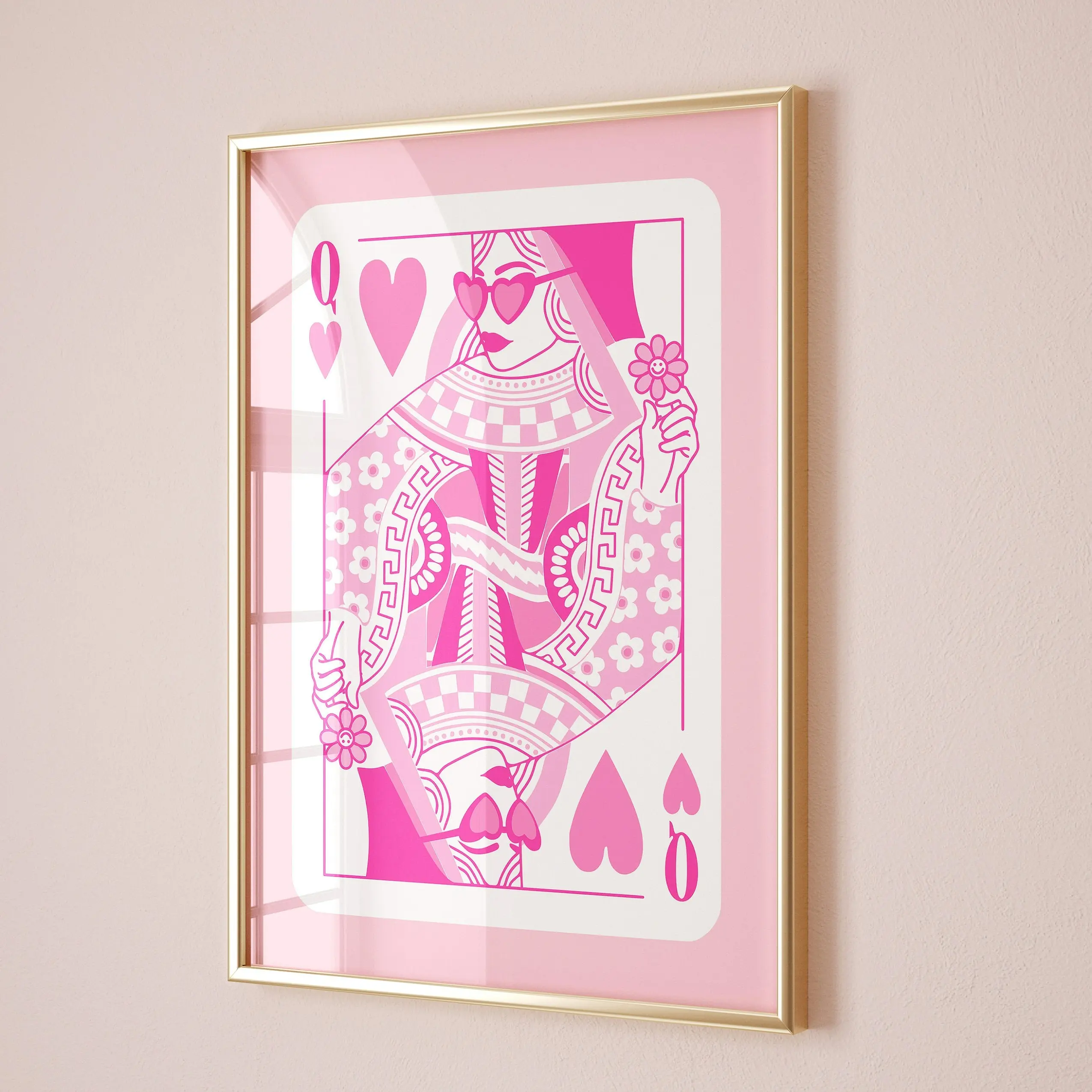 queen of hearts retro wall art, girly room decor aesthetic poster no frame, pink wall art trendy girls room decor, pink poster cute apartment decor
