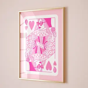 queen of hearts retro wall art, girly room decor aesthetic poster no frame, pink wall art trendy girls room decor, pink poster cute apartment decor