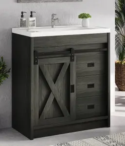 HOMBCK Farmhouse Bathroom Vanity with Sink, Small Bathroom Vanity Cabinet with 2 Drawers & Sliding Barn Door