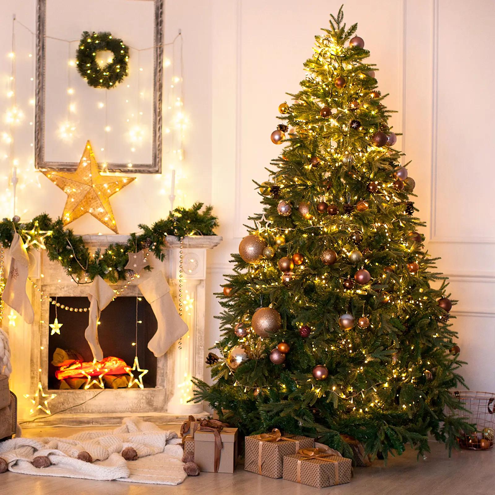 Premium Hinged Classic Artificial Spruce Christmas Tree (6ft/7.5ft, 7.5ft Tall) - Strong Metal Hinges, Full Tips, Foldable Base, Ornaments, Easy Install, Indoor Restaurant Holiday Decoration