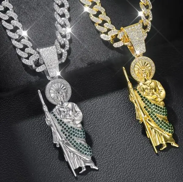 2026 HOLDNEAR Men's Stylish Gold-Plated Chunky Cuban Link Chain Necklace - Hip Hop Spiritual Jewelry with Saint Judas Rhinestone Pendant, Anti-Tarnish Metal Alloy, Birthday/Anniversary Gift for Faith & Blessings, Trendy All-Match Costume Accessory, Men's,