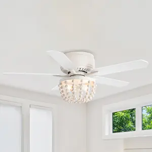 PARROT UNCLE 48" New Delhi Farmhouse Flush Mount Ceiling Fan with Dual-Finish Reversible Blades & Bohemian Beaded Dome Light for Quiet Comfort