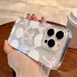 A Vibrant and Artistic Hard Shell Phone Case Featuring Watercolor Volleyball and Bow Designs, Thick And, with a Magnetic Ring for Wireless Charging, Compatible with Various iPhone 17 E Air Pro ProMax iPhone16 15 14 Plus 13 12 11 X XS XR