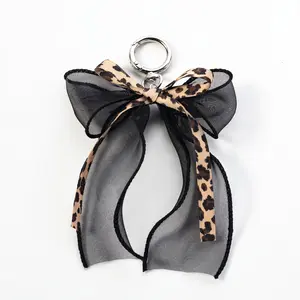 Edge Mesh Fabric Leopard Print Bow Keychain - Bag and Key Accessories