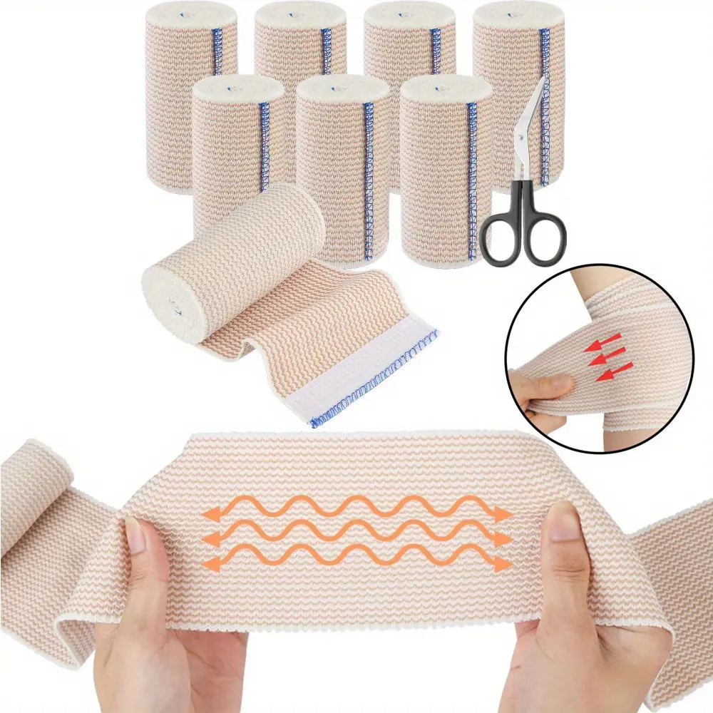 8 Pcs Elastic Cotton Bandages Set with 1 Scissors,Compression Bandage with Self-Adhesive Velcro Strap,Elastic Bandages for Arm,Leg or Chest Injuries,Christmas Party Gifts,Hand Tools Kits