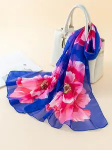 Elegant Floral Silk Scarf, Casual Loose-Fit Chiffon Print Wrap, Spring Summer Sun Protection, Fashionable Holiday Gift, Women's Stylish Shawl