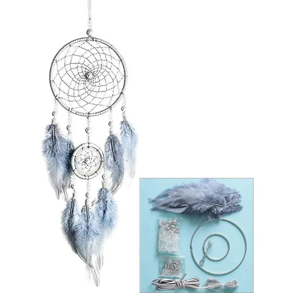 DIY Dream Catcher Making Kit with Feathers, Metal Macrame Craft Supplies - Hangable Home Decor for Kids Bedroom, Handmade Gift (Grey)