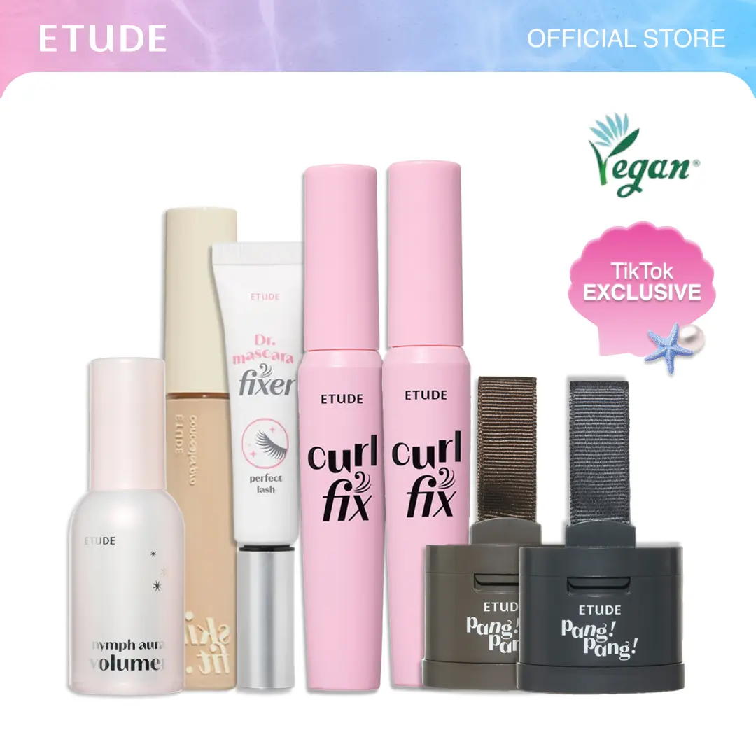 [ETUDE Official] Makeup Must-Have Gift Set | Kpop Idol Make Up Set | Curl Fix Mascara(#01 Black) BOGO+Contour Powder(#03) Brush set+Dr. Mascara Fixer+Nymph Aura Volumer&Concealer set+Pang Pang Hair Shadow | Clear Mascara | Waterproof Item
