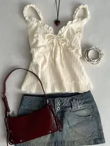 Spring Summer New Elegant Lace Hem Cake Skirt Bow Tie Neck Casual Vintage Style Women's Sleeveless Vest Top, Retro Look, Comfortable Fit