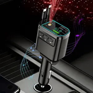 Car Wireless FM Transmitter Retractable Dual Type C Cable Car Charger Adapter Handsfree Call Car Kit Car MP3 Player with Starry Sky Light Fast Charging Phone Charger Usb Car Charger