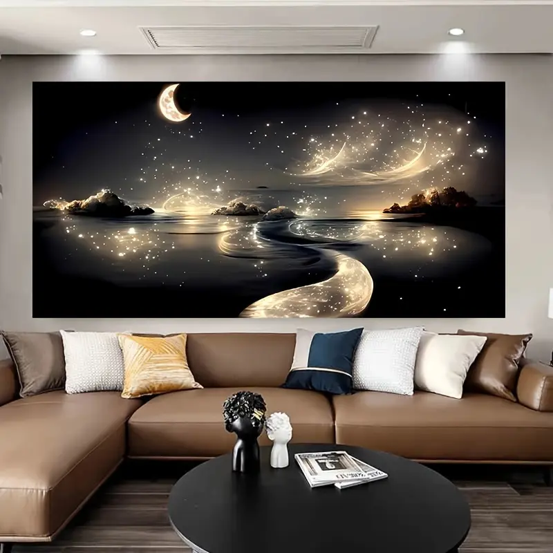 Glow in the Dark Abstract Canvas Wall Art - Luminous Dark Brown & Gold Night River Nature Art, Wraparound Poster with Inner Wooden Frame, Home Inspo for Bedroom, Living Room Decor