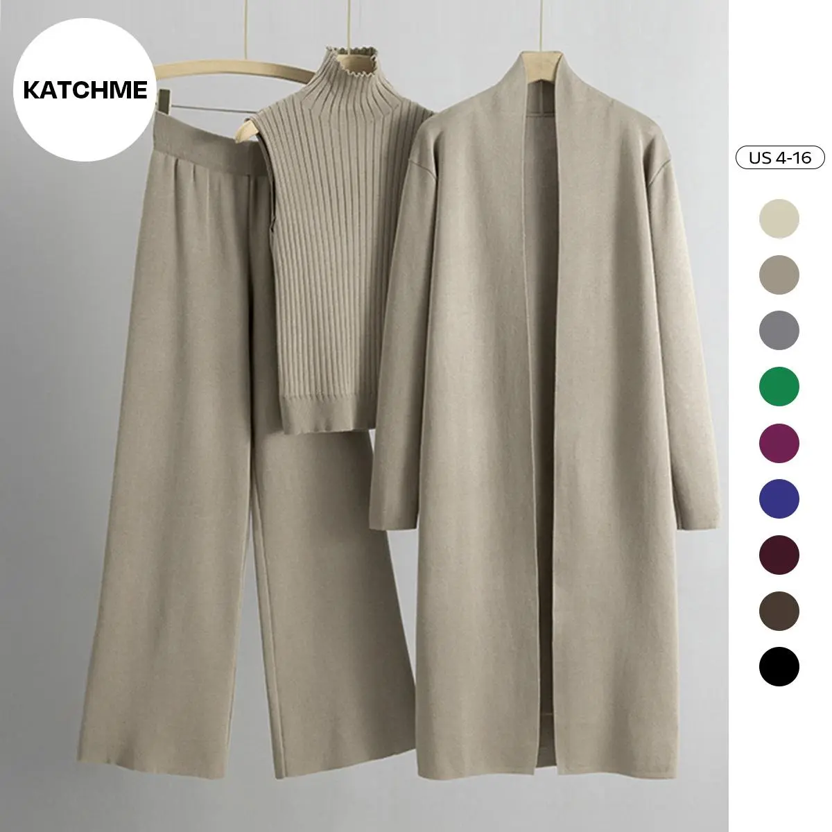 KatchMe Women's Three-Piece Set Solid Turtle Neck Tank Top & Wide Leg Trousers & Open Front Long Cardigan Set, Women Clothes for Fall & Winter（CN）