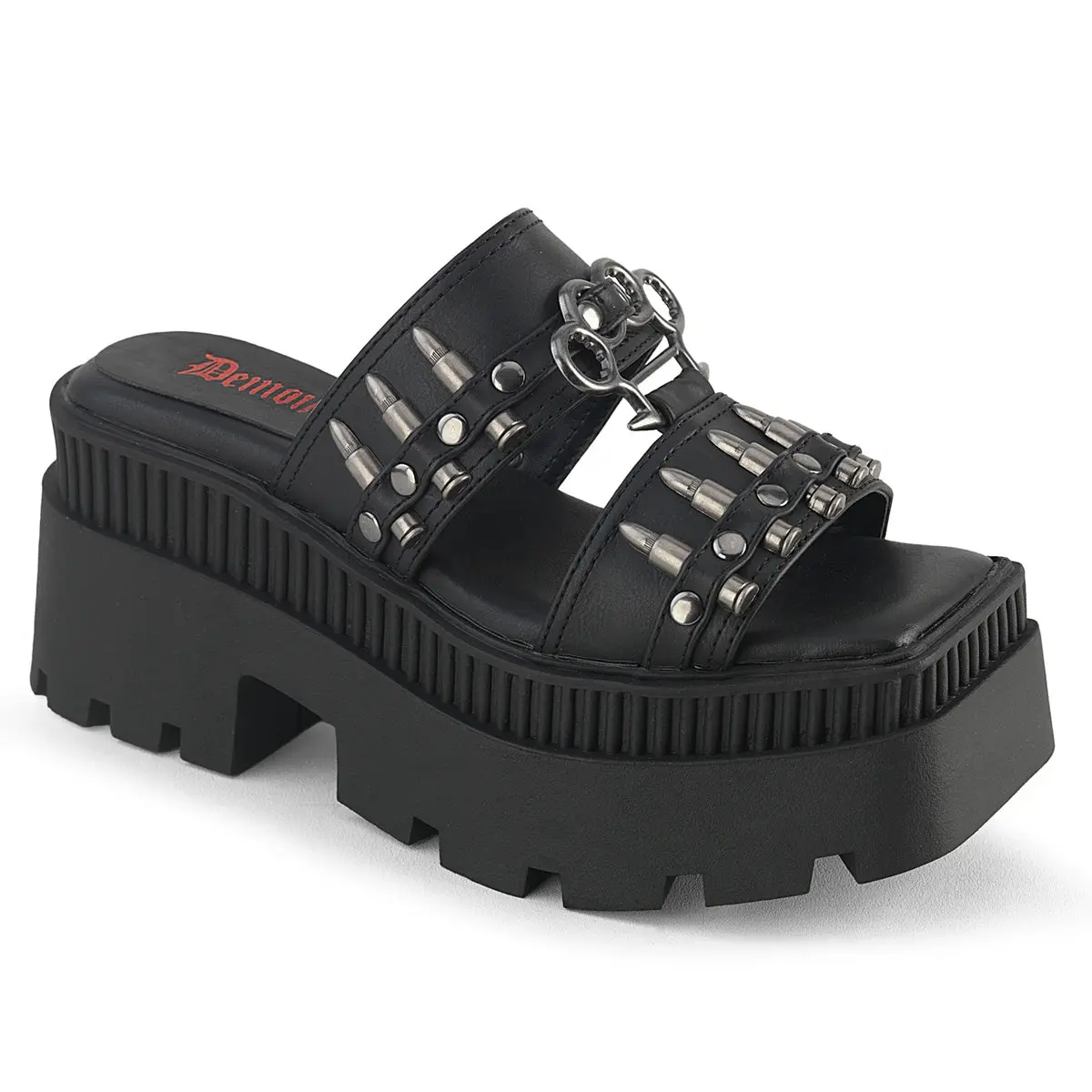 Demonia Wrath-08 Women's Black Vegan Leather Double Strap Sandals With Decorative Bullet Bands Footwear Shoe