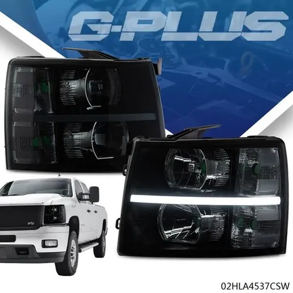G-PLUS Projector Headlight Assemblies for 2007-2014 Chevy Silverado 1500/2500 Chevy Trucks, Smoke Lens, LED DRL Strip, Automotive Car Light Exterior Upgrade with LED Lighting Solutions Vehicle Accessories