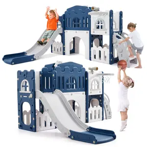 Toddler Slide 8 in 1 Toddler Playset for Toddlers Age 1-3, Baby Playset for Indoor Outdoor Playground with Climber, Crawling Tunnel, Basketball Hoop, Telescope, Toy Storage,Blue ﻿