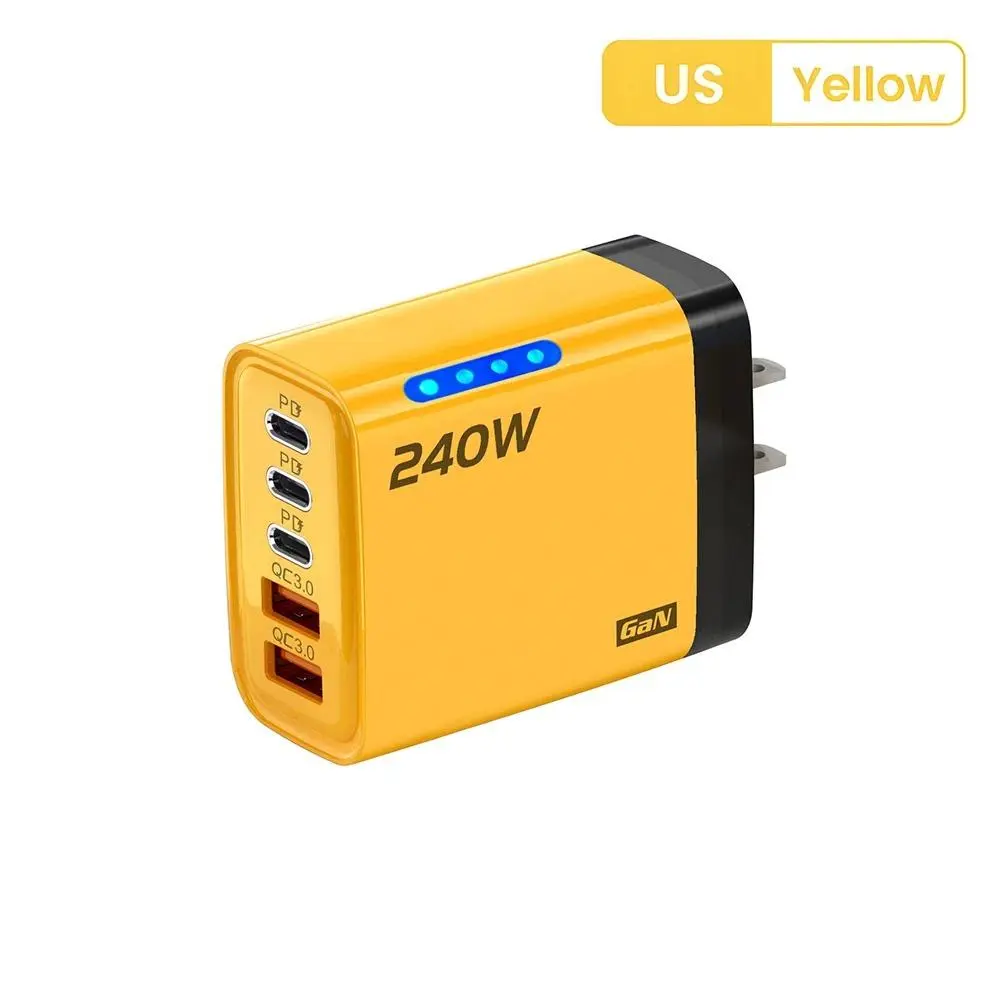 240W GaN 5-in-1 Multi Port USB-C Smartphone Charger - Electronic Multifunctional Charging Station with EU US Plugs, Foldable Metal Adjustable Desktop Suction Holder, Yellow, Fireproof Shell, Durable, Fast Charging, Travel-Friendly
