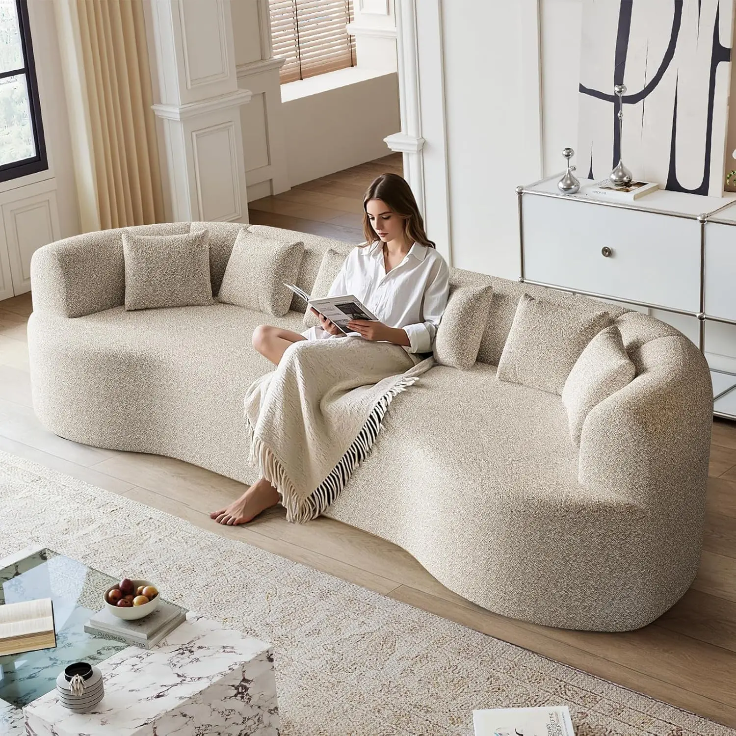 Oversized Curved Sectional Sofa, 111" Modular Cloud Boneless Modern 4-Seater Couch with 6 Pillows, Chenille Deep Seating Sofas for Living Room, No Assembly Required, Khaki