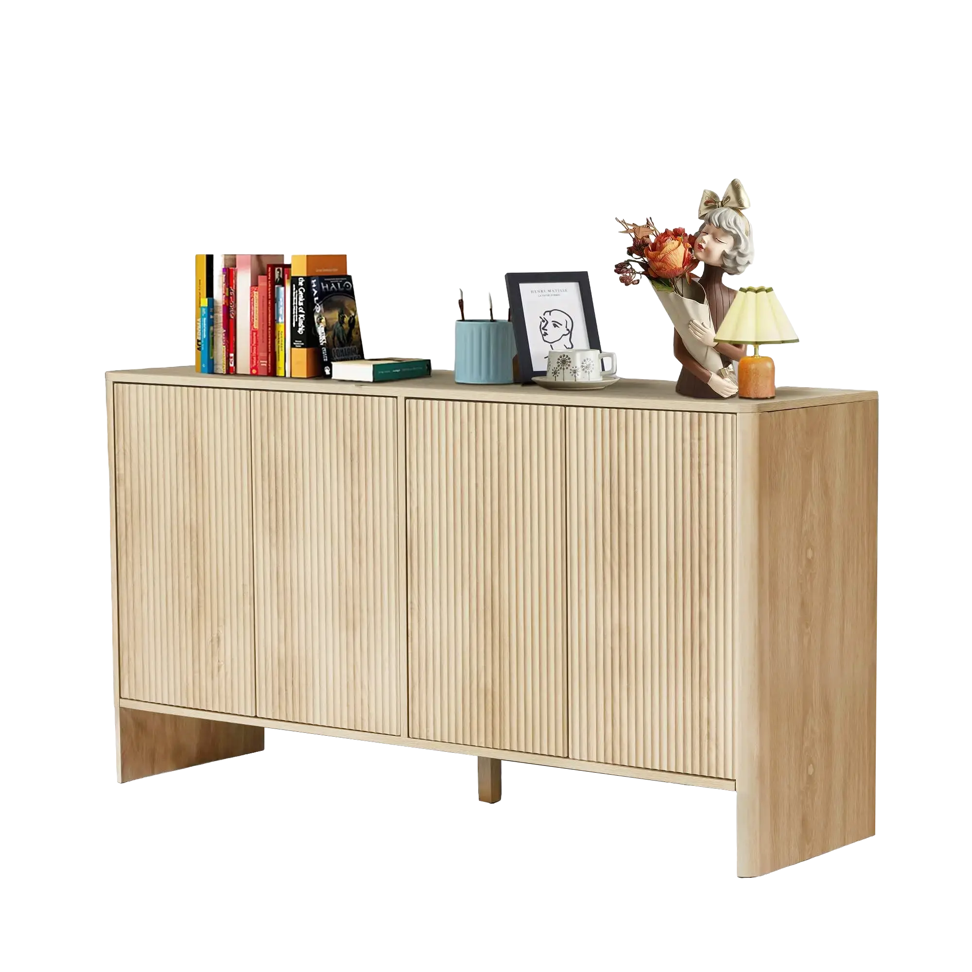 Giratree 57.87" Sideboard Buffets Cabinet, Modern Accent Storage Cabinet with 4 Fluted Doors and Adjustable Shelves, Wood Credenza Buffet Sideboards,