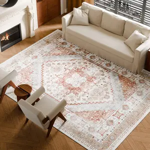 VEVOR Area Rug, 9 x 12 ft Large Washable Rug, Non-Slip and Tear-Resistant Soft Carpet, Pet Friendly Vintage Area Rugs, Indoor Mat for Bedroom, Living Room, Office, Brown Red