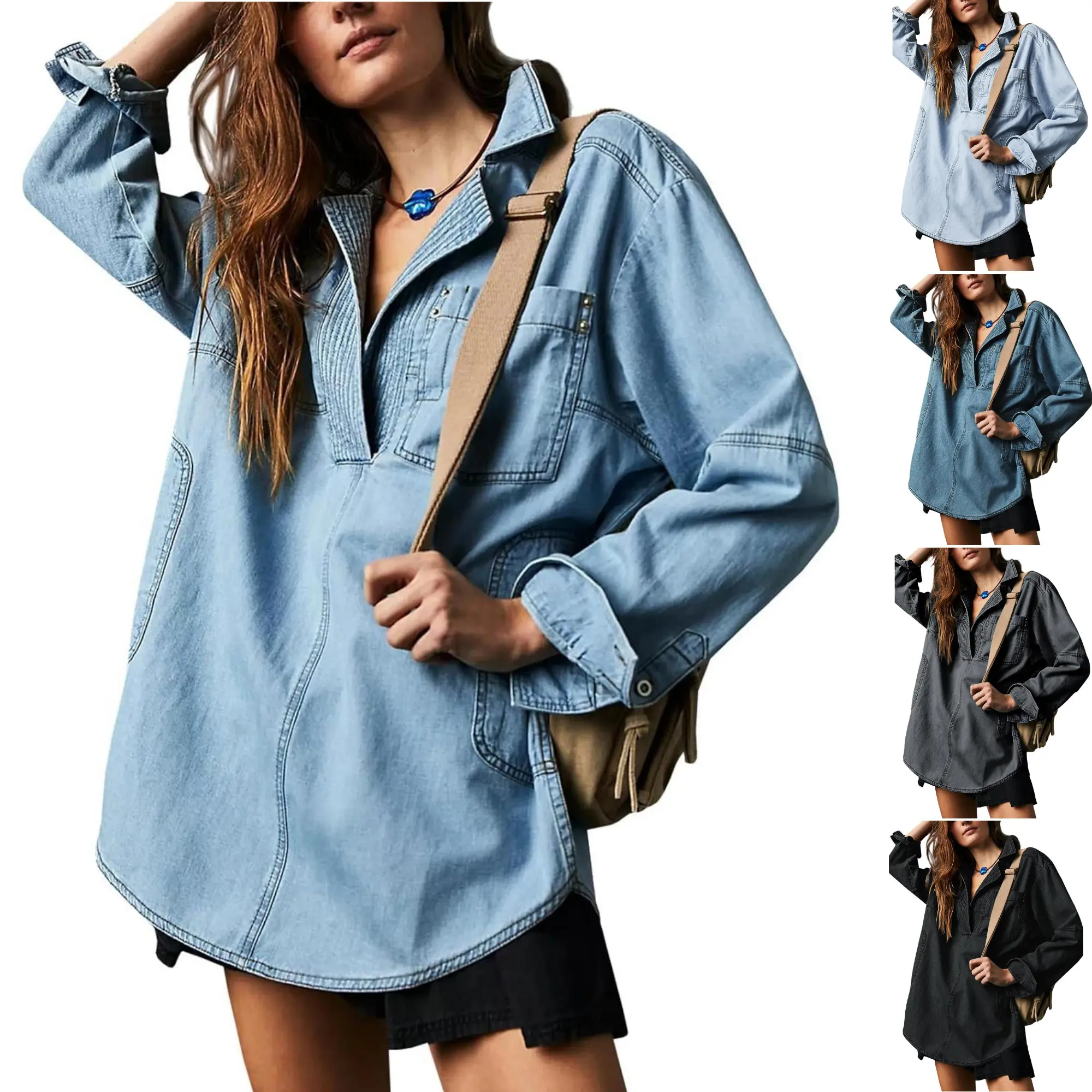 Danedvi Women's Stylish Denim Blouse, Casual Long Sleeve Loose-Fit V-Neck Pullover with Handy Pockets, Stylish Evening Look, Loose Cut, Pocket Detail, Button, Lady, Basic, Piece, Longsleeves