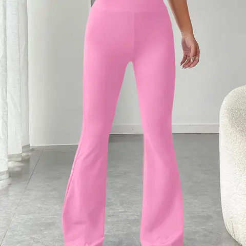 Women's Solid High Waist Elastic Flare Leg Pants, Casual Comfy Bell Bottom Trousers for Daily Wear, Ladies Bottoms for Fall & Winter