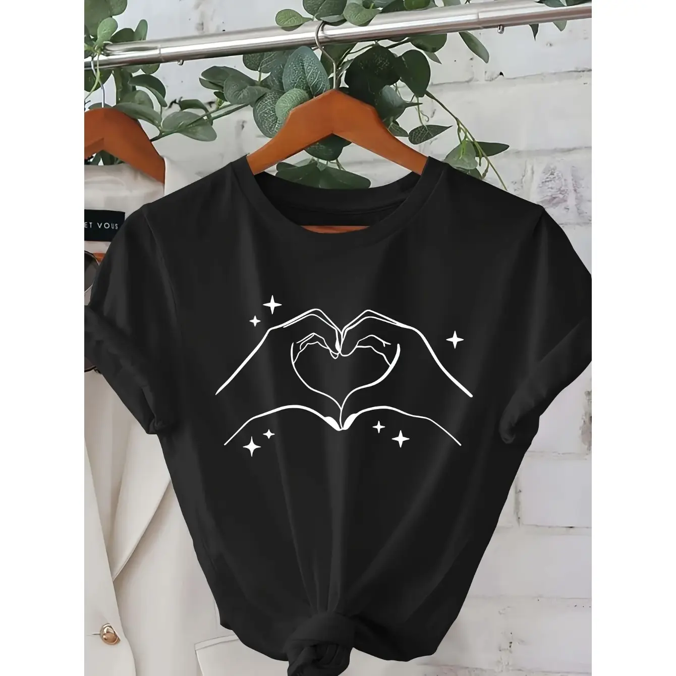 Women's Graphic T-Shirt with Heart Hand Line Art Print | Casual Short Sleeve Crewneck Top in Soft Breathable Fabric with Durable Print, Garment, Customized, Clothes, Fitted, Tshirt, All Seasons, Crew Neck, Heart And Hand Print