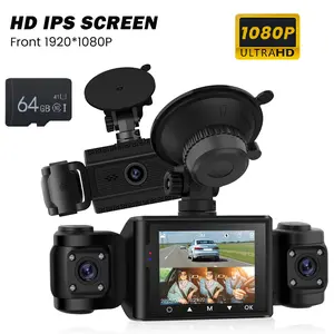 2.4" IPS Screen Car Dash Cam - 1080P + 2×480P Triple Cameras, 150°/120° Wide Angle, Reversing Help, Night Vision, Motion Detection, 64GB C10 Supported