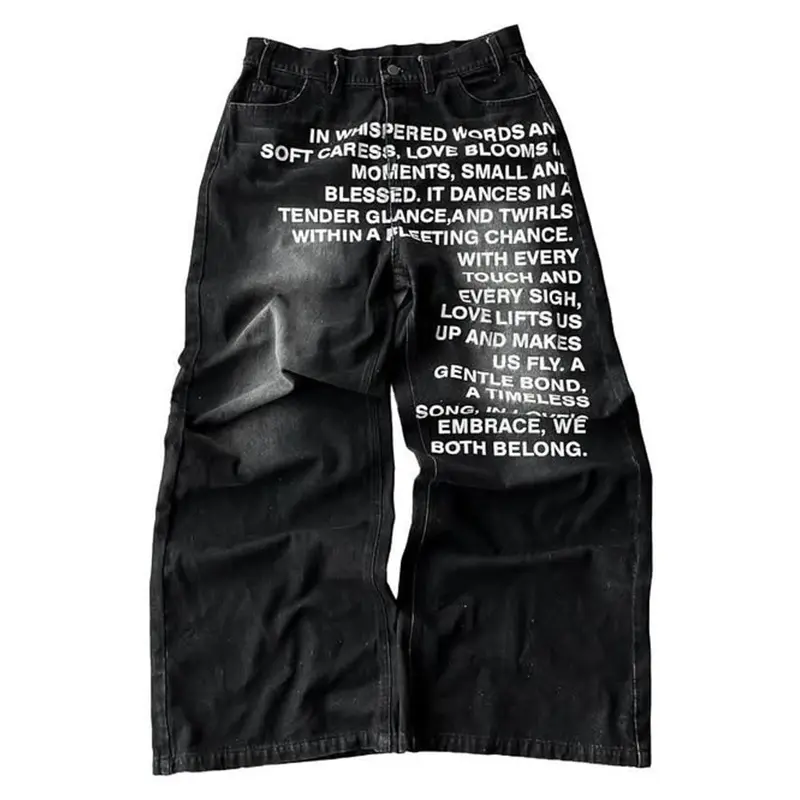 Mens Poem Text Print Wide Leg Jeans, Vintage Faded Gradient Wash Baggy Loose Fit Graphic Denim Trousers Unisex Streetwear Casual Pants Two Color Option