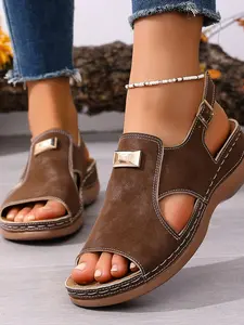 Women's Retro Vintage Buckle Wedge Sandals, Fashionable Comfort Fish Mouth Thick Sole Metal Buckle Shoes, PU Upper Rubber Sole
