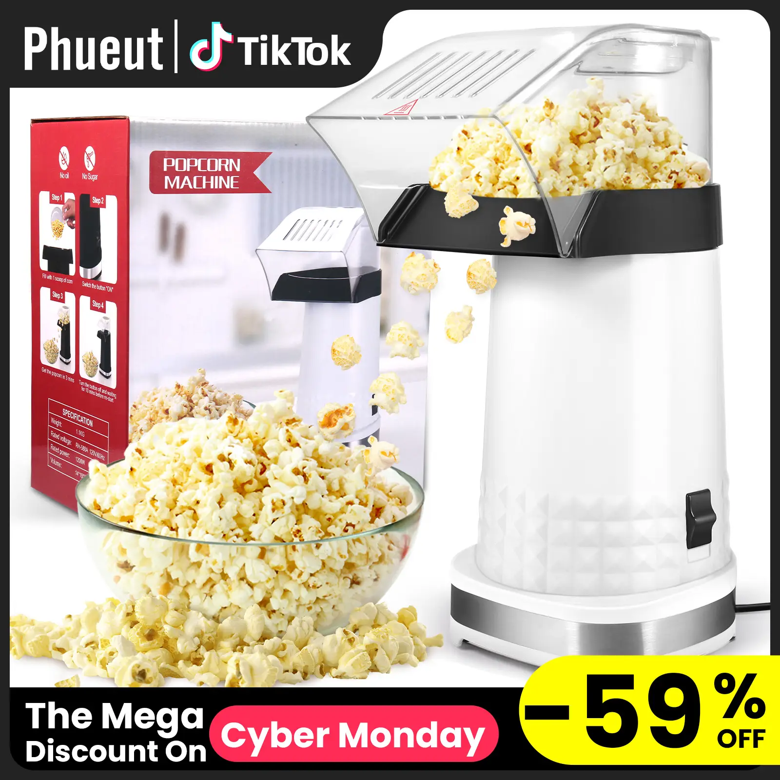Popcorn Maker, Hot Air Popcorn Popper, 1200W Electric Popcorn Machine with Measuring Cup, No Oil Healthy Snack, Perfect for Home, Party and Family