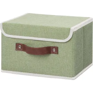 ANMINY Storage Bin with Lid Storage Boxes with PU Leather Handles PP Plastic Board Decorative Foldable Lidded Cotton Linen Fabric Home Cubes Baskets Closet Organizer Container - Green, Small Size