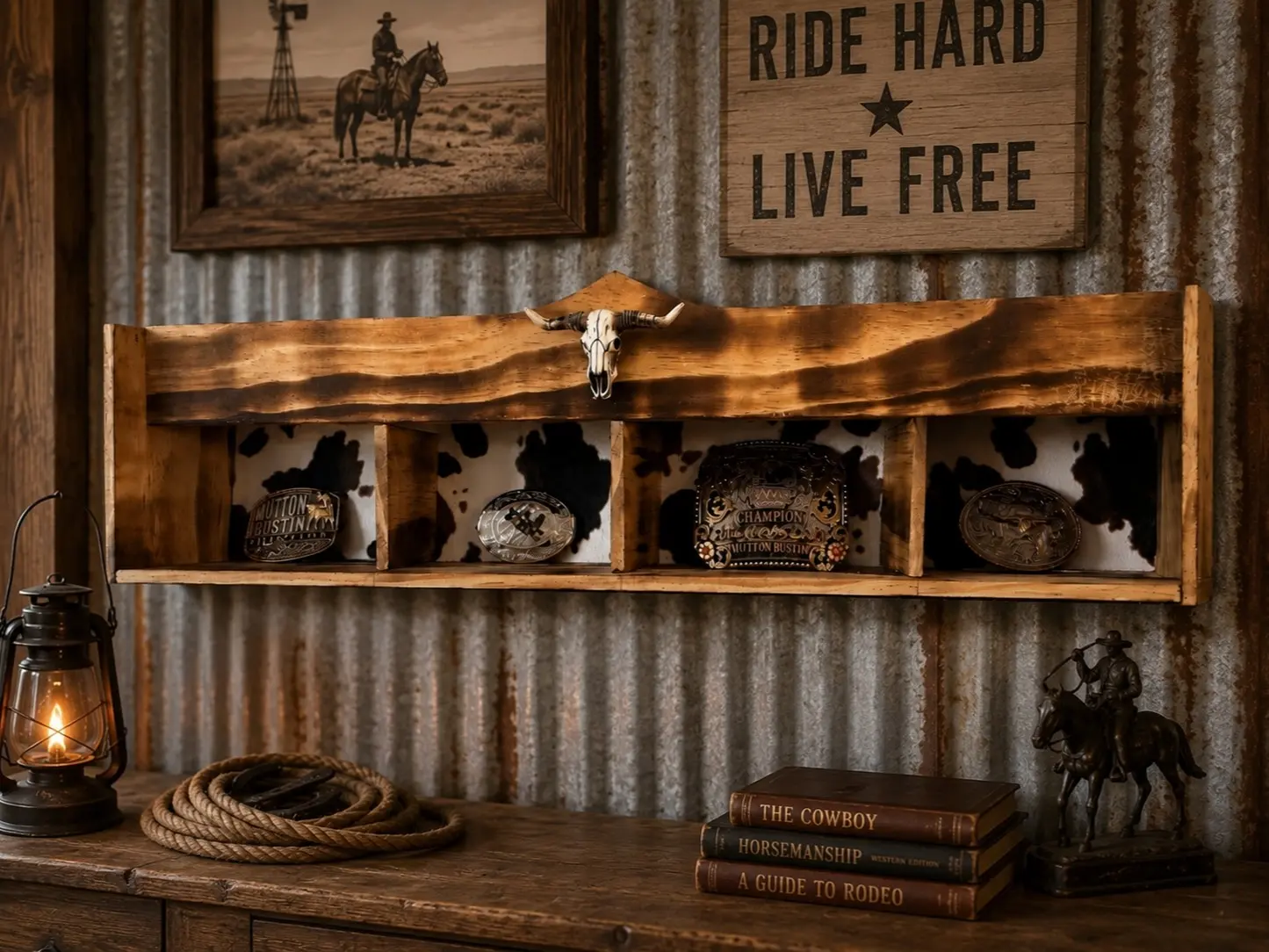 Handcrafted Rustic Wooden Belt Buckle Display Shelf | Western Wall Mount Buckle Holder | Cowboy & Rodeo Buckle Organizer | 28.5" Display Rack