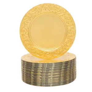 100 Pcs Gold Embossed Charger Plates Set Round PP Serving Plates Reusable Sturdy Scratch Resistant Stackable Lightweight for Wedding Party Banquet Hotel Restaurant Home Decor 12.99in