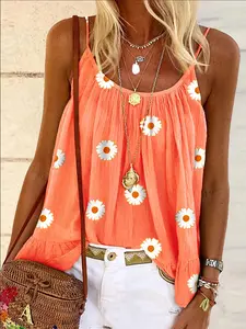 Women's Floral Print Sleeveless Tank Top, Breathable Lightweight, Middle Eastern Style Design, Thin Straps, Casual to Formal Wear, Loose-Fitting Minimalist Style