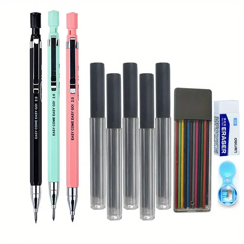 9/7Pcs 2.0Mm Mechanical Pencils Black Lead, 12 Color Lead Eraser, Sharpener, Refills Art Sketching, Writing, Engineering