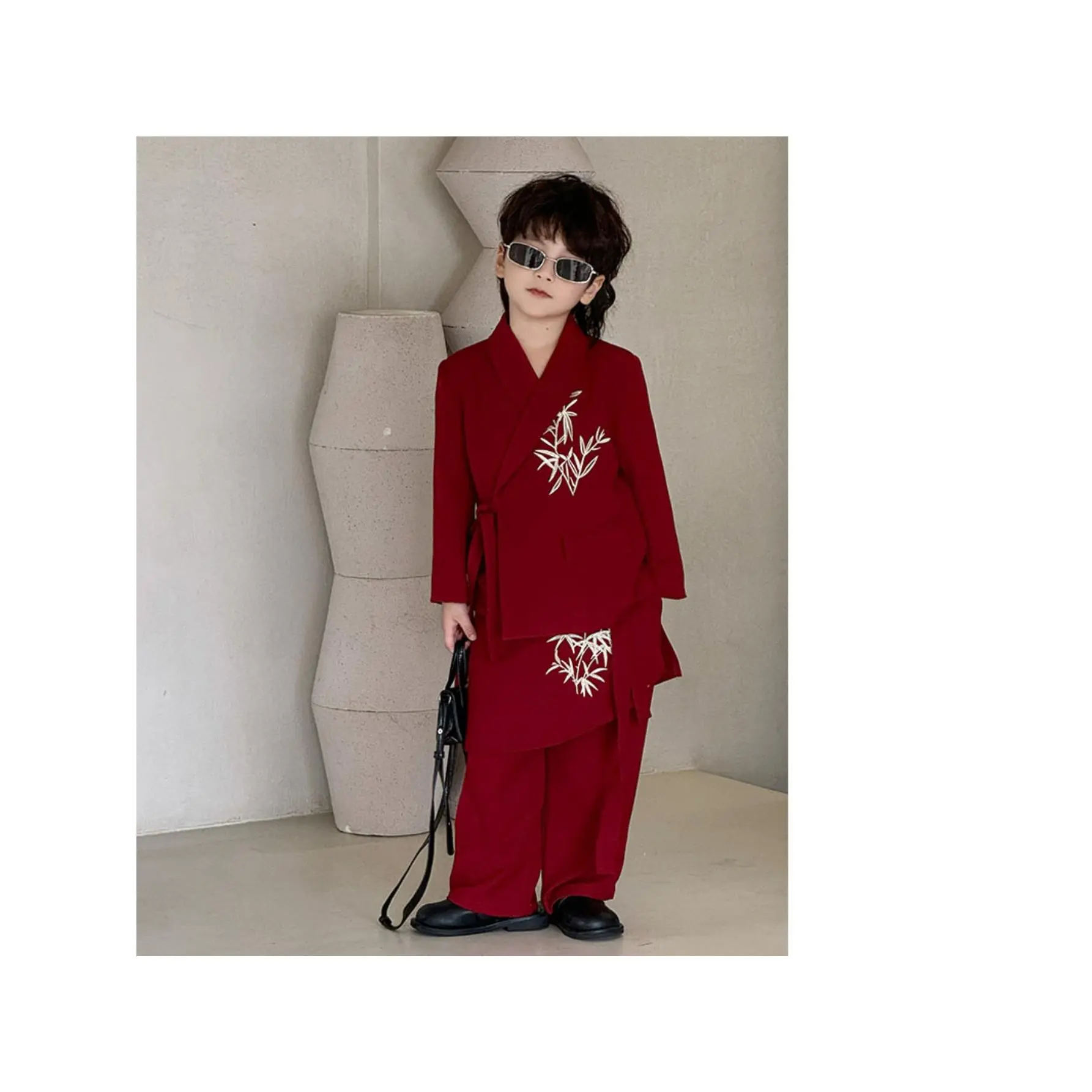 Red Chinese Hanfu Suit for Boys, Embroidered Bamboo Rayon Jacket and Pants, Asian Festival Groom Wedding, Kids Mandarin Collar Attire