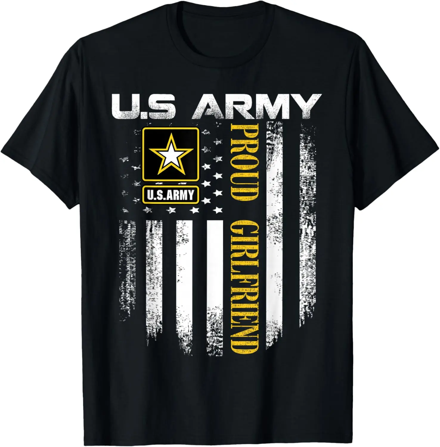 Women's 100% Cotton Short-Sleeve Distressed Print T-Shirt - Patriotic Gear, Vintage U.S. Army Proud Girlfriend Design, American Flag Women's T-Shirts, U.S. Army Flag Casual Top