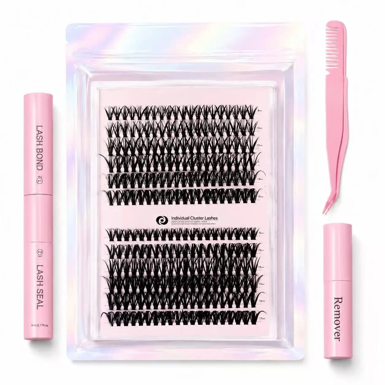 False Eyelashes Kit, 1 Set D Curl Eyelash Clusters, Fluffy Eyelash Clusters with Eyelash Glue, Remover, Brush & Tweezers, Eyelash Extension Kit for Women & Girls, Volumized False Eyelashes