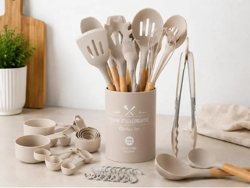 33-Piece Silicone Kitchen Utensils Set with Holder, Heat Resistant BPA-Free Nonstick Cooking Utensils, Wooden Handle Kitchen Gadgets & Cooking Tools Set, Khaki