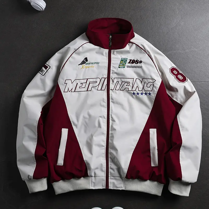 Men Red White Color Block Racing Jacket Full Zip Stand Collar Vintage Motorsport Patches Letter Print Oversized Windbreaker Y2K Hip Hop Streetwear Lightweight Loose Fit Bomber Coat Side Pockets Retro Race Car Outerwear