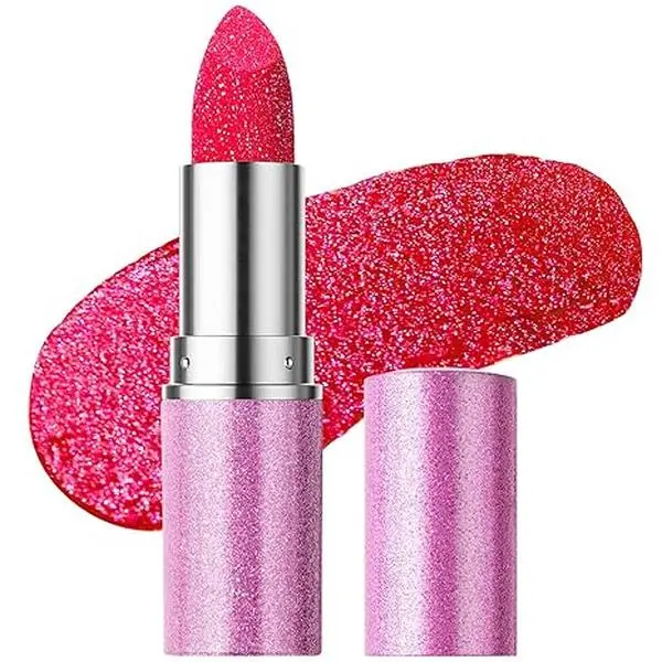 Metallic Glitter Lipstick for Women, Long Lasting Sparkle Lipsticks, High Shine Diamond Creamy Lipstick Lipcolor Makeup, Hydrating Glimmer Finish, Sparkling Lip Gloss, 04 Hot Pink