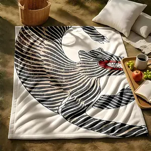 1 piece Abstract black and white striped tiger pattern themed flannel blanket - Super soft flannel blanket in modern style, suitable for sofas and beds, all-season use, digitally printed pattern, 100% polyester material, machine washable, suitable