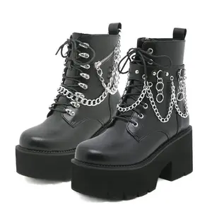 Fashion Chunky Heel Platform Combat Ankle Booties Women's Chains Lace up Studded Motorcycle Combat Short Boots Round Toe Side Zipper Black Gothic Boots