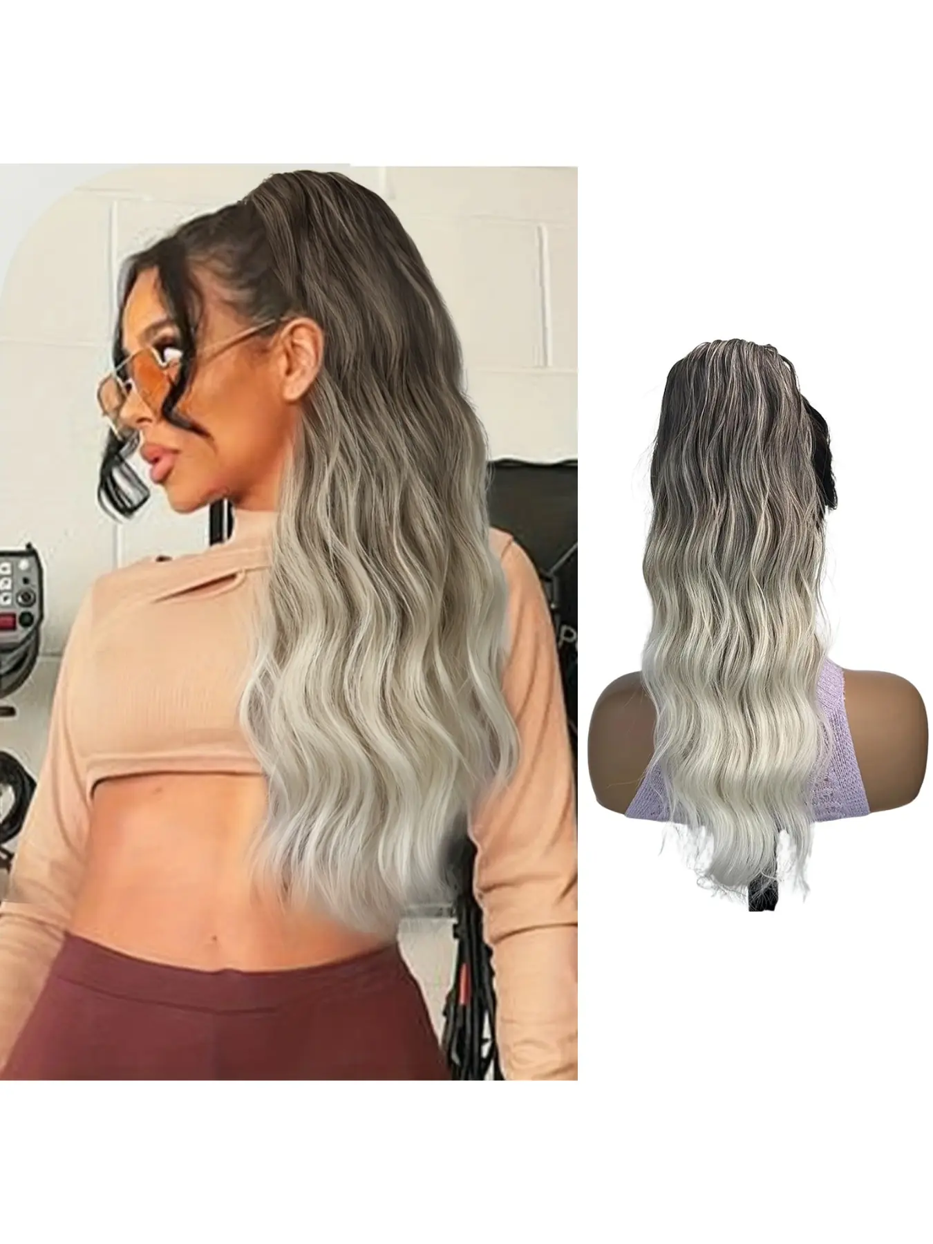 18-Inch Gold Highlights Wavy Ponytail Wig, Medium-Length Voluminous Synthetic Fiber Hairpiece, Women's Party Daily Wear