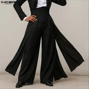 INCERUN Men's Deconstructed High-Waisted Drape Bottom Modernist Pants - Breathable Vintage Fashion Clothes, Gender-Neutral with Attached Panels, All-Season Statement Wear